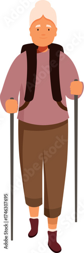 Active senior woman enjoying a hike with backpack and trekking poles, promoting healthy lifestyle and outdoor activities in old age