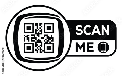 Minimalist black and white QR code label design with "SCAN ME" message, modern style, ideal for marketing, digital menus, business promotions, and mobile-based contactless solutions.