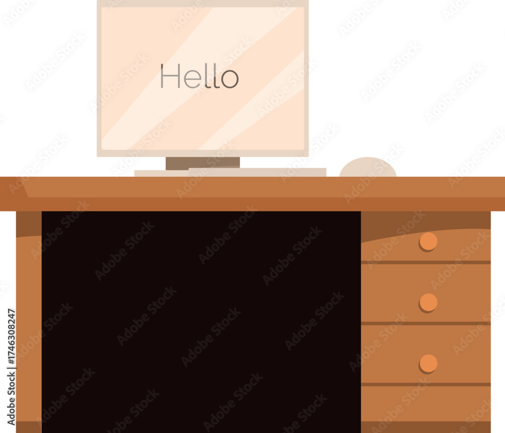 Fototapeta premium Wooden desk with computer showing hello message, representing a welcoming and productive workspace