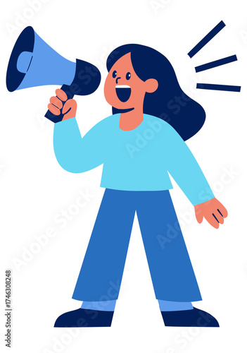 Woman shouting through megaphone illustration. Flat design character announcing message with loudspeaker. Perfect for marketing, communication, promotion, activism, social media, public speaking conce