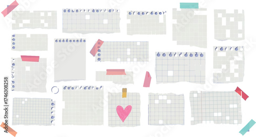  Vector art of collection of torn paper notes and memo scraps with tape
