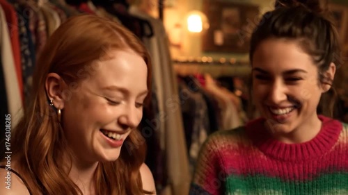 Two happy women laugh together in a warm indoor setting with clothing in the background friends enjoy a fun moment