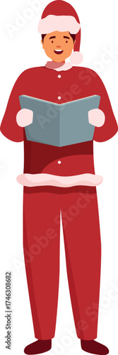 Young man wearing santa claus costume singing christmas carols holding a song book, festive holiday illustration