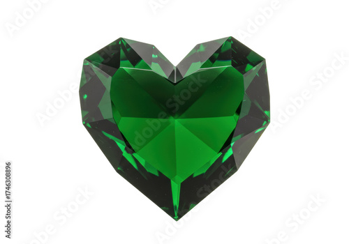 Emerald green heart shaped crystal isolated, faceted gemstone paperweight on transparent background, love and St Patrick s Day concept