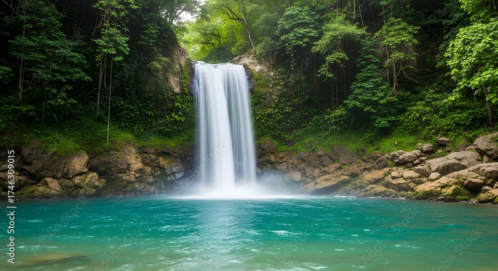 Fototapeta premium Beautiful waterfall landscape scenery with clear turquoise water and lush green forest view nature travel