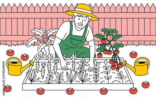 Man in yellow hat and green overalls tending to garden with tomatoes and carrots gardening farmer