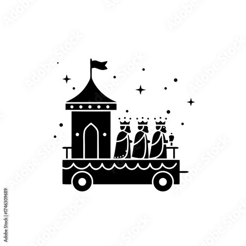 Parade float with kings and castle design for Día de los Reyes, Three Kings Day icon  