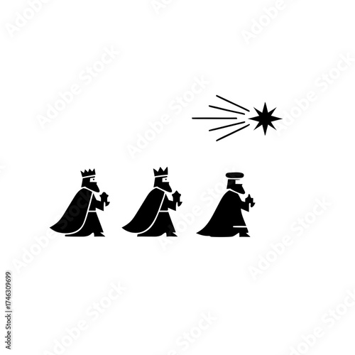 Three kings following star in silhouetted illustration for Día de los Reyes  