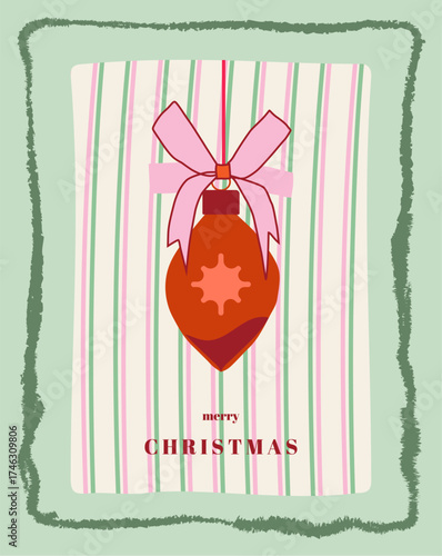 Merry Christmas and Happy New Year background. Modern Christmas design with christmas toy and ribbon. Vintage style. 
