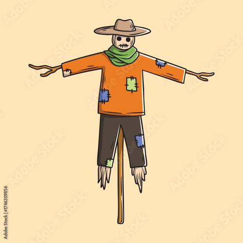 Friendly Scarecrow Illustration with Patches and Straw Legs