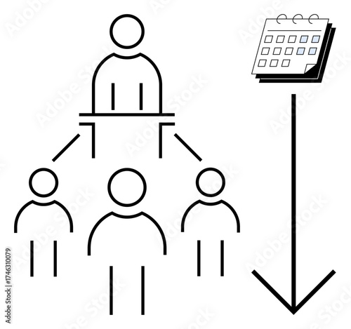 Leader at podium connected to team members via lines, calendar symbol signifying a timeline or planning. Ideal for management, teamwork, scheduling, leadership, organization, delegation, simple flat