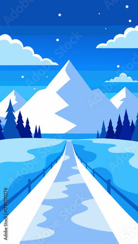 Winter landscape with mountains and snowy pathway view