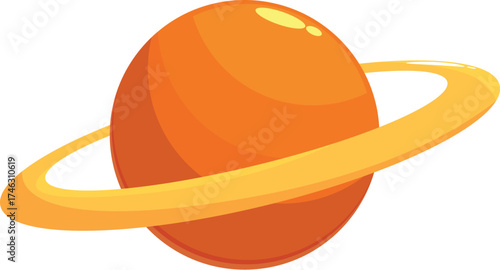 Cartoon orange planet rotating with large rings in dark space