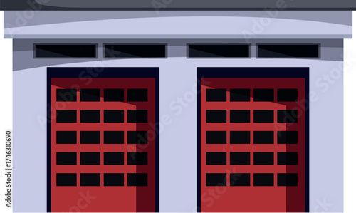 Fire station building facade with two closed red garage doors and small windows on top, representing emergency services and fire department preparedness