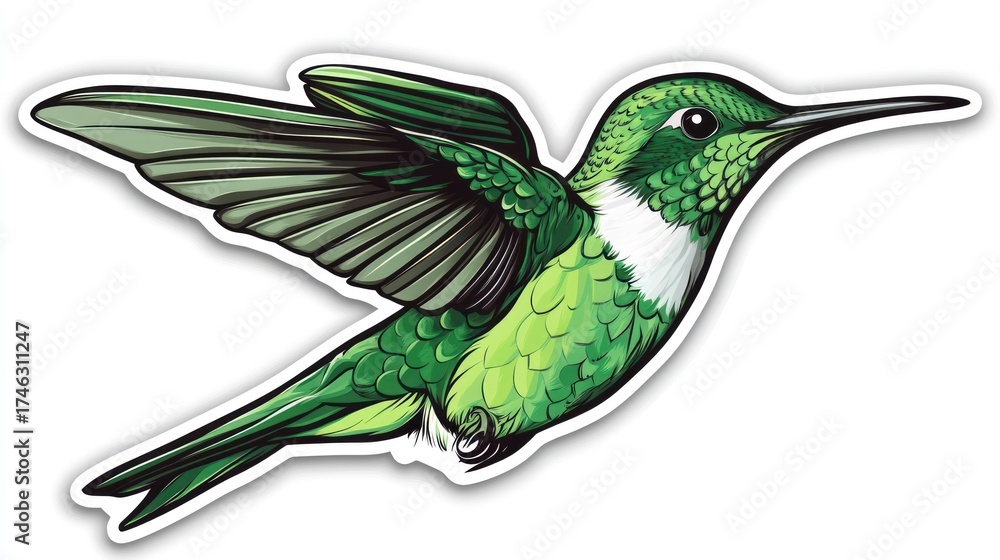 Obraz premium Green hummingbird in flight, white background, nature graphic, sticker design