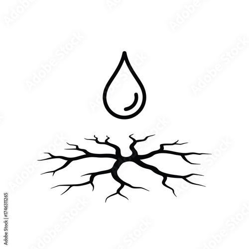 Water drop falling onto cracked dry earth surface icon