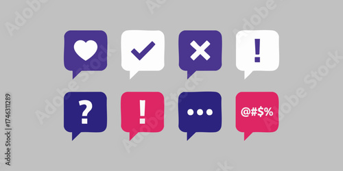 Set of speech bubble icons with social media symbols and punctuation marks