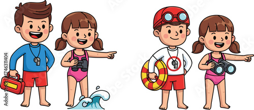 Cartoon children at beach, lifeguard kids, safety teamwork, summer rescue, first aid, binoculars, lifebuoy, beachwear, ocean waves, playful illustration