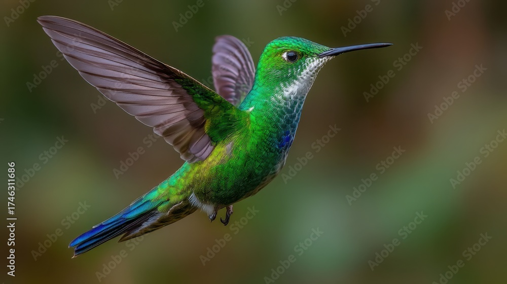 Naklejka premium Vibrant Green Hummingbird in Mid-Flight Captured Against a Soft Natural Background Showcasing Its Graceful Movement and Striking Feather Colors