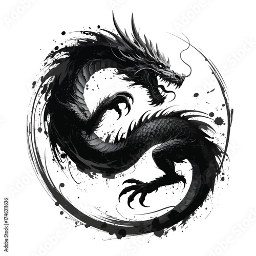 Black ink dragon coiled in a circle on white background