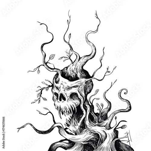 Horrifying skull creature emerging from twisted branches and roots