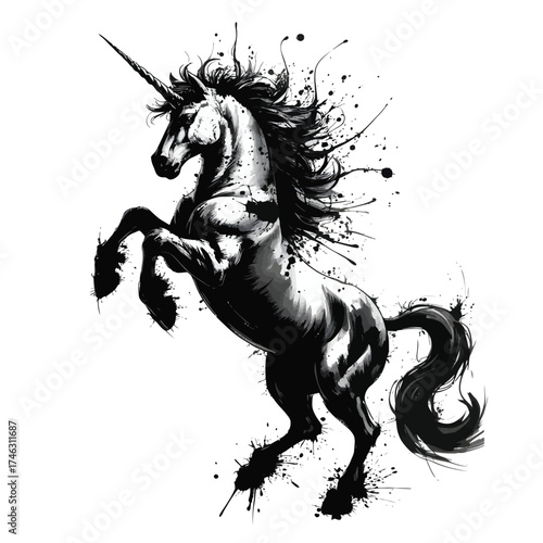 Majestic unicorn rearing up in splattered ink style
