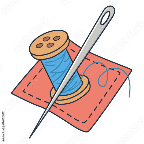 Spool of blue thread and needle on pincushion. Sewing and tailoring supplies for craft and hobby. Stitching and repair concept.