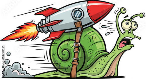 Fast Cartoon Snail with Rocket Strapped to Shell
