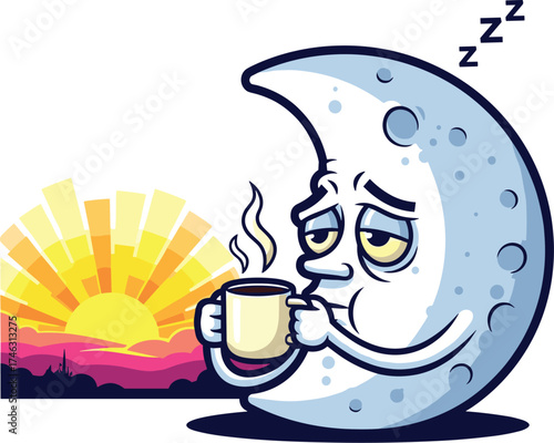 Tired Cartoon Moon Character Drinking Morning Coffee at Sunrise