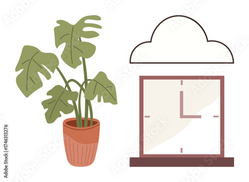 Monstera plant in terracotta pot beside a window with cloud outline and clock face. Ideal for nature, home decor, time management, simplicity, relaxation, indoor gardening, and minimalism. Simple