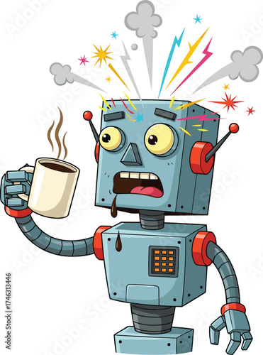 Overloaded Cartoon Robot with Exploding Head Drinking Coffee