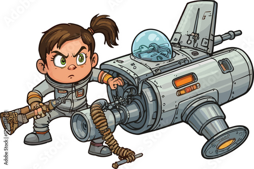 astronaut, child, space, repair, spacecraft, cartoon, tool, adventure, module, sci-fi, survival, futuristic, DIY, , 