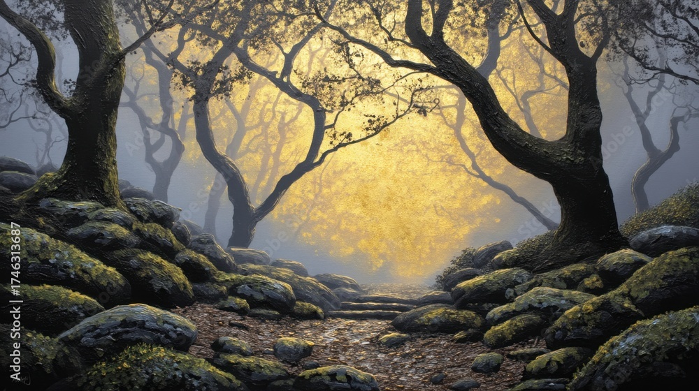 Fototapeta premium Enchanted Forest Pathway with Glistening Moss and Mysterious Fog Illuminated by Golden Light from a Hidden Clearing