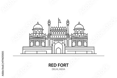 Red Fort Delhi Line Art – Iconic Indian Fort Vector Illustration of Mughal Architecture