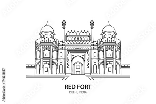 Red Fort Delhi Line Art – Iconic Indian Fort Vector Illustration of Mughal Architecture