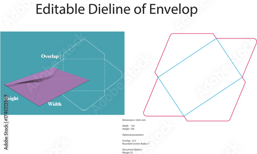 Purple envelope diagram with dimensions teal white