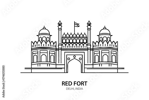 Red Fort Delhi Line Art – Iconic Indian Fort Vector Illustration of Mughal Architecture