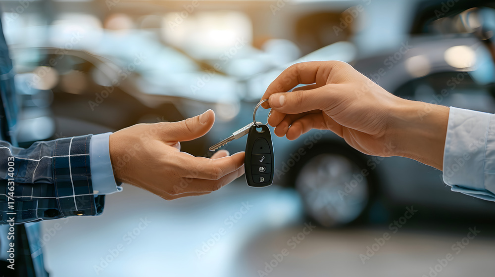 Fototapeta premium Buyer receives keys to new car in car dealership. Close-up. Concept of buying a new car, success, satisfaction and fulfilling a dream.