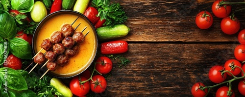Delicious Meatball Skewers with Fresh Vegetables and Sauce on Wooden Table