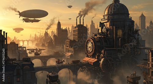 Futuristic Steampunk Cityscape with Airships and Steam-powered Buildings at Sunset