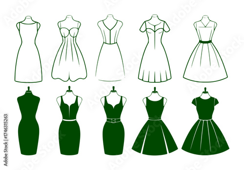 Collection of Fashionable Dresses on Mannequins - Vector Illustration