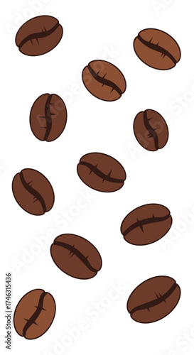 Scattered Coffee Beans on a White Background.