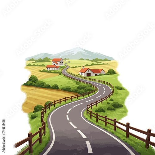 Scenic Country Road Winding Through Green Fields and Farms.