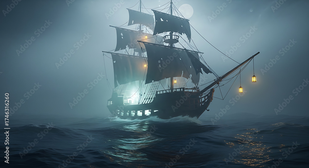 Fototapeta premium Mysterious Ship Sailing Through Foggy Waters at Night.