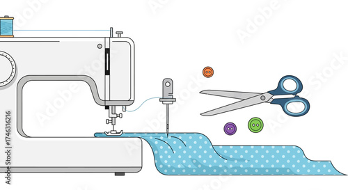 Vector Illustration of a Modern Sewing Machine with Fabric Scissors and Colorful Buttons for Tailoring and Fashion Design Projects