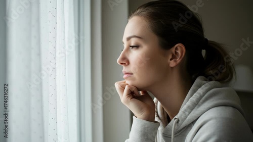 Young woman looking out window with thoughtful expression