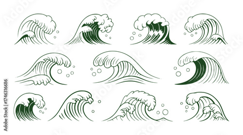 Collection of Stylized Green Waves and Bubbles on White Background