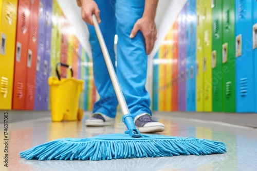 Professional cleaning worker mopping floor in brightly colored locker hallway