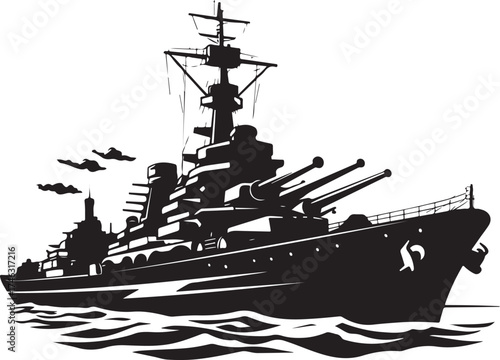Black vector silhouette of a warship or vessel on the sea, illustrating military or transportation on water