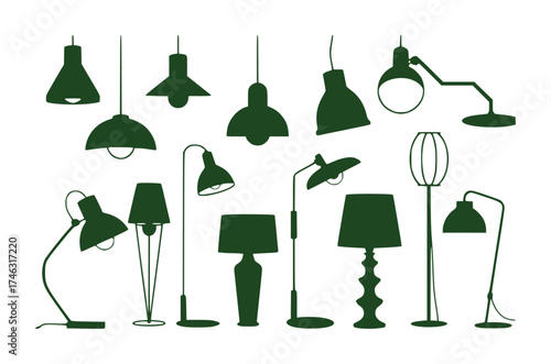 Diverse collection of dark green lamp silhouettes on a white background